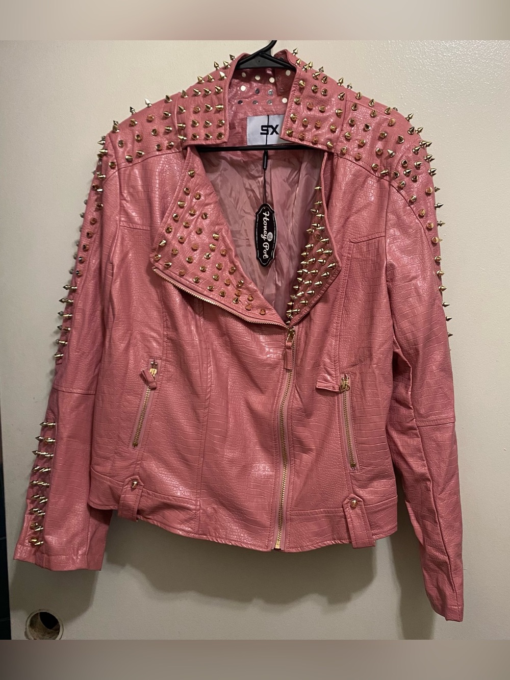 SX Honey Pot Womens XL Faux Pink Leather Gold Studded Motorcycle Jacket NWT New
